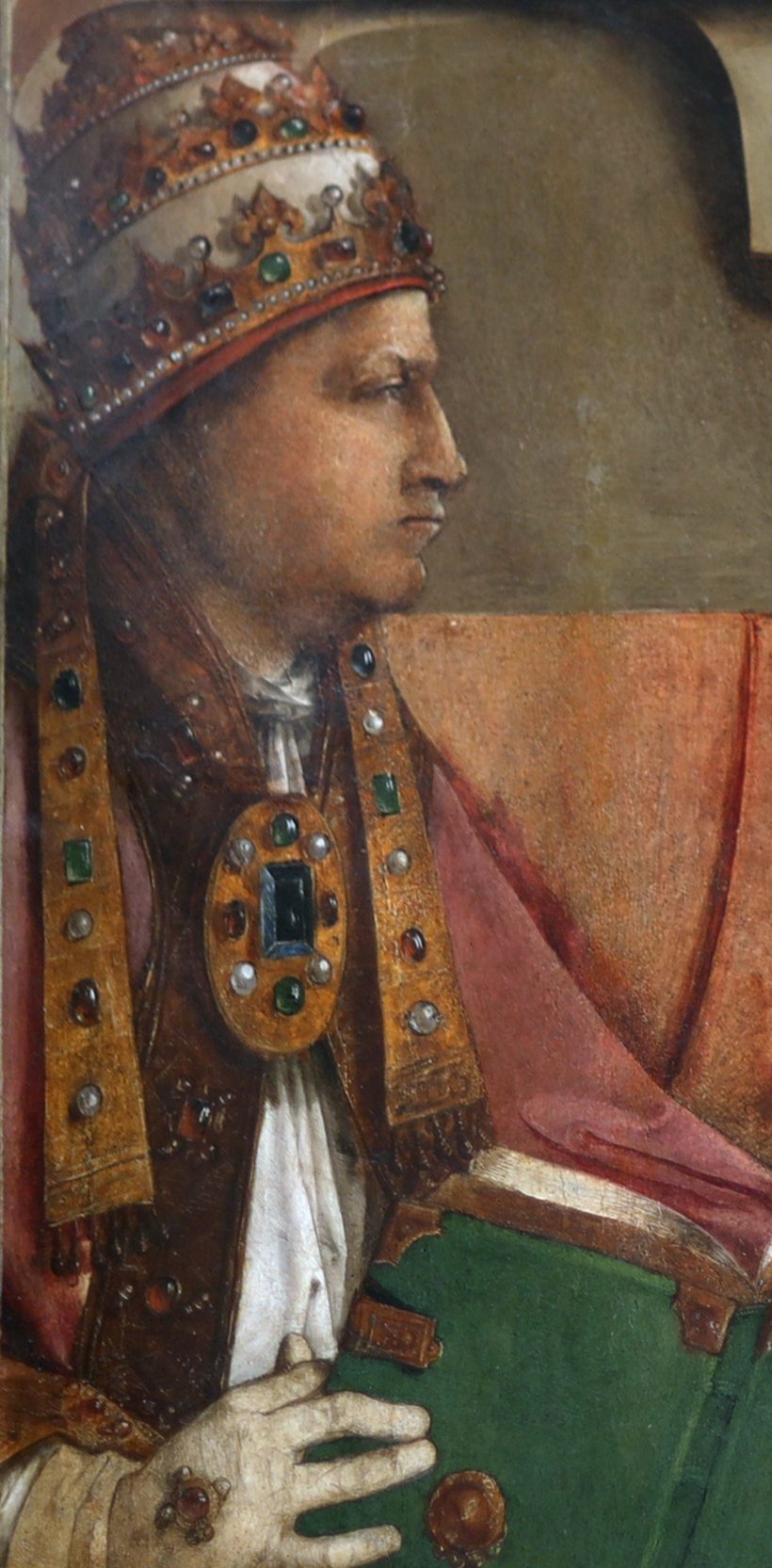 Détail du portrait peint par van Wassenhove et Berruguete (vers 1476. Studiolo de Frédéric III de Montefeltro, Urbino).